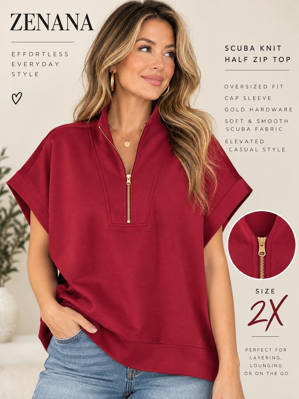 Zenana 2X Burgundy Scuba Half Zip Pullover Oversized Cap Sleeve Top NWOT
